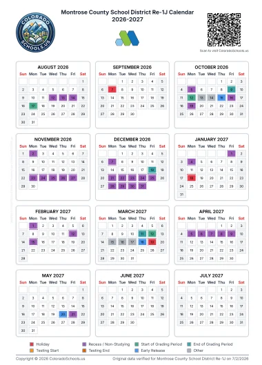 Montrose County Colorado Schools Calendar