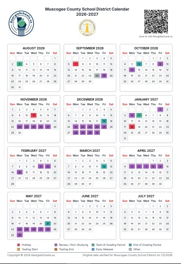 Muscogee County  Georgia Schools Calendar