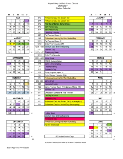 Napa County California Schools Calendar