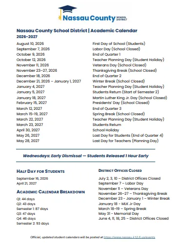 Nassau County  florida schools calendar
