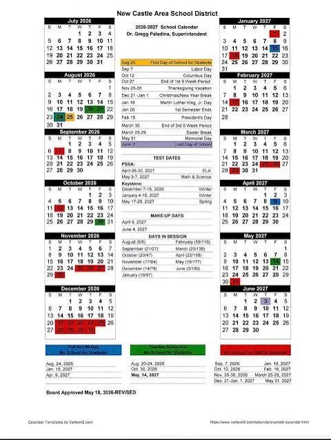 New Castle County delware schools calendar