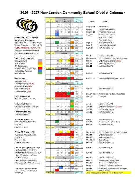 New London County connecticut schools calendar