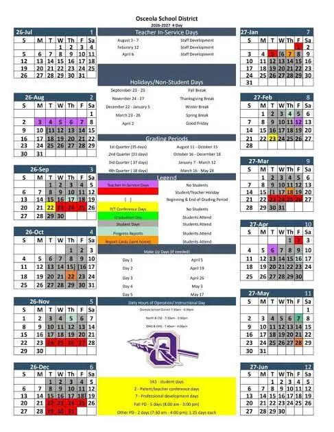 Osceola County  florida schools calendar