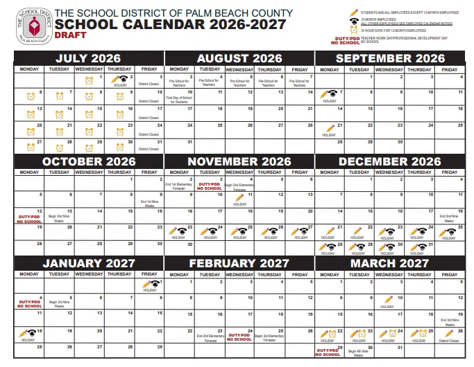 Palm Beach County  florida schools calendar