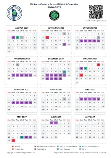 Pickens County Georgia Schools Calendar