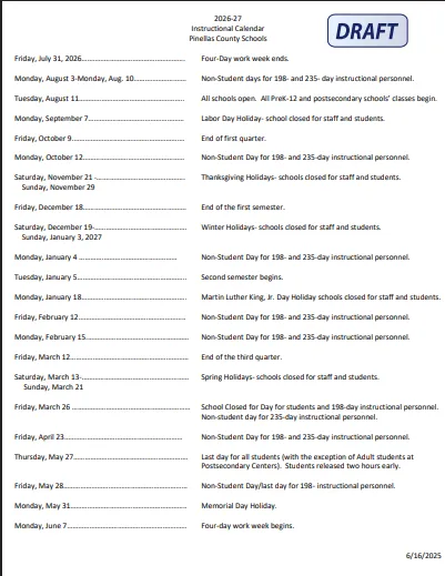 Pinellas County  florida schools calendar