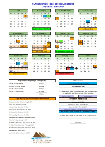 Placer County California Schools Calendar
