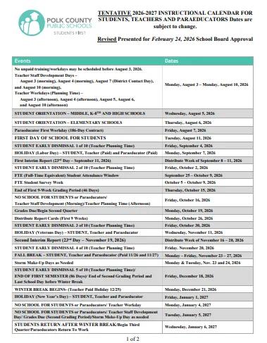 Polk County  florida schools calendar