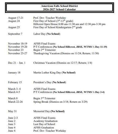 Power County Idaho Schools Calendar
