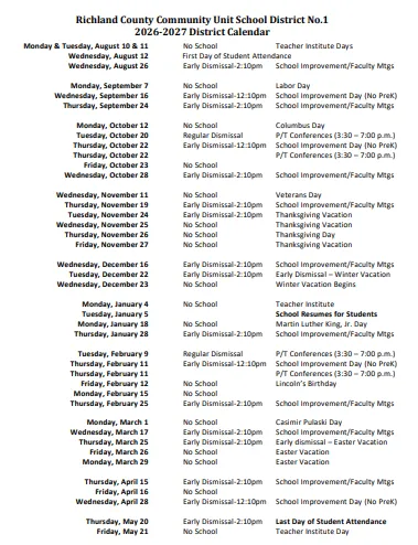 Richland County Illinois Schools Calendar