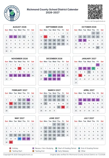 Richmond County  Georgia Schools Calendar