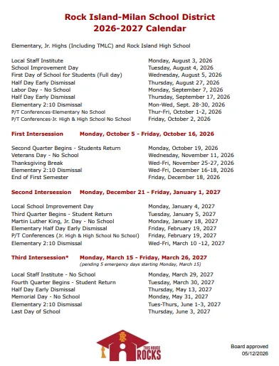 Rock Island County Illinois Schools Calendar