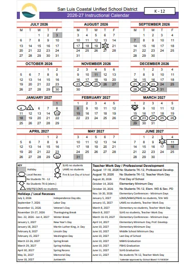 San Luis Obispo County California Schools Calendar