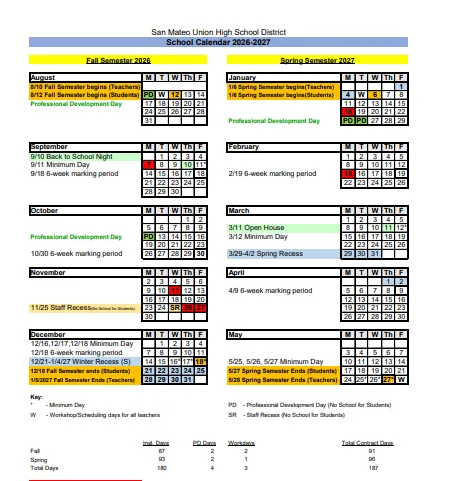 San Mateo County California Schools Calendar