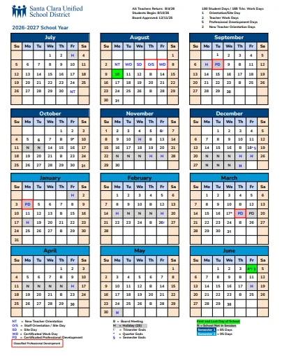 Santa Clara County California Schools Calendar