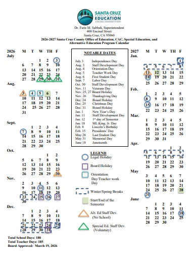 Santa Cruz County California Schools Calendar