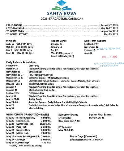 Santa Rosa County florida schools calendar