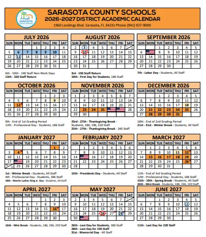 Sarasota County florida schools calendar
