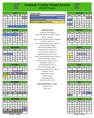 Seminole County florida schools calendar