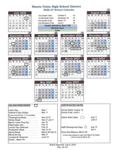 Shasta County California Schools Calendar
