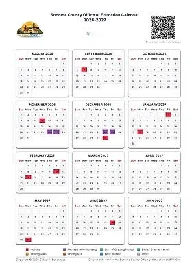 Sonoma County California Schools Calendar