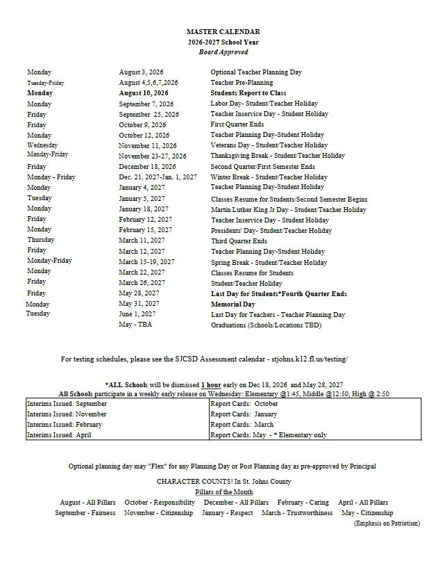 St. Johns County florida schools calendar