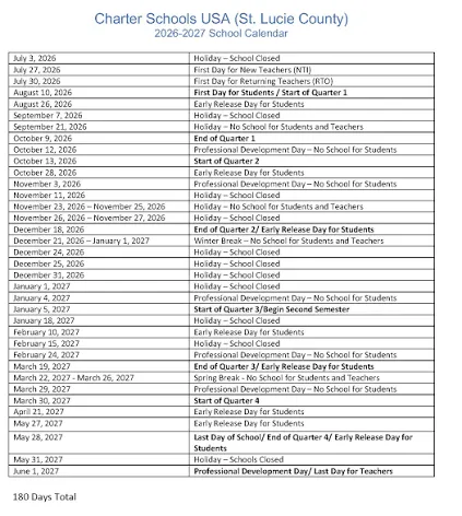 St. Lucie County  florida schools calendar