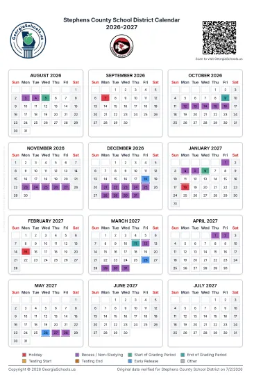 Stephens County  Georgia Schools Calendar