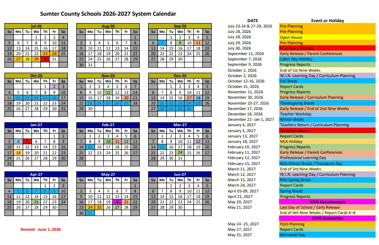 Sumter County  florida schools calendar