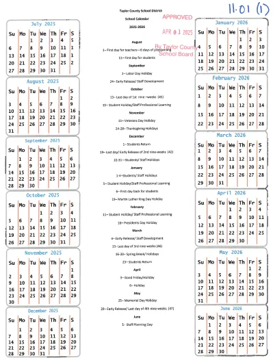 Taylor County florida schools calendar