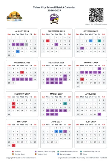 Tulare County California Schools Calendar
