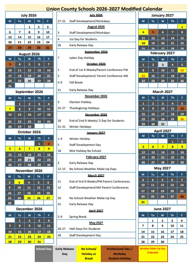 Union County  florida schools calendar