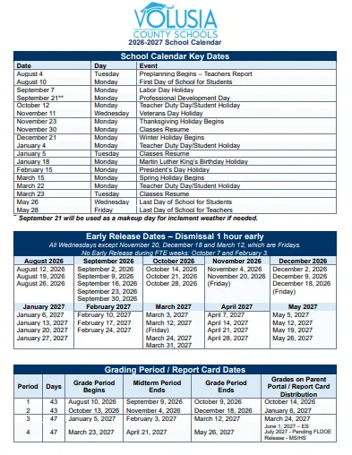 Volusia County florida schools calendar