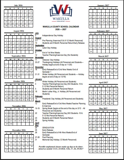 Wakulla County  florida schools calendar