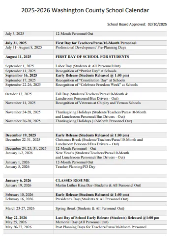 Washington County florida schools calendar