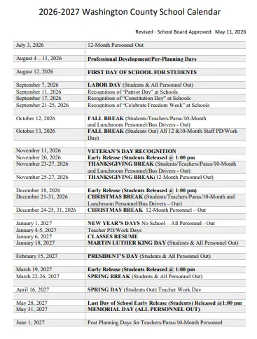 Washington County Idaho Schools Calendar