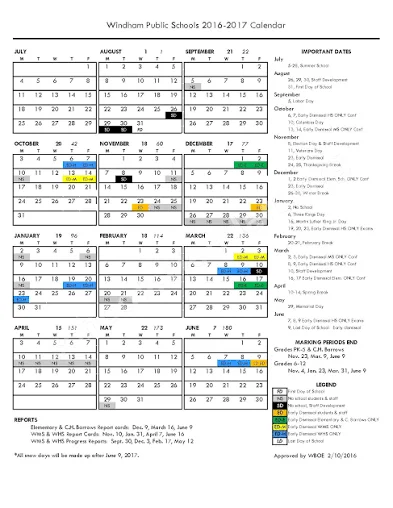 Windham County connecticut schools calendar